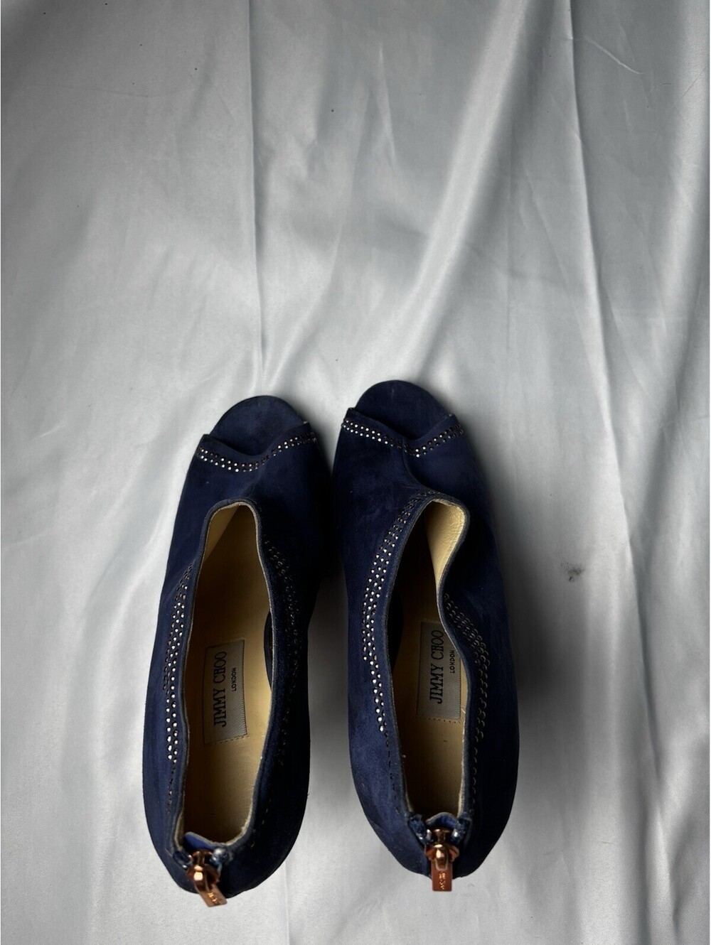 Jimmy Choo Navy Blue Suede Peep Toe High Heel Booties with Z - Picture 5 of 10